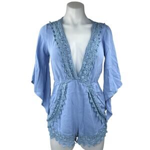 Kiss The Sky Blue Plunge V-Neck 3/4 Bell Sleeve Lace Crochet Jumpsuit Romper M